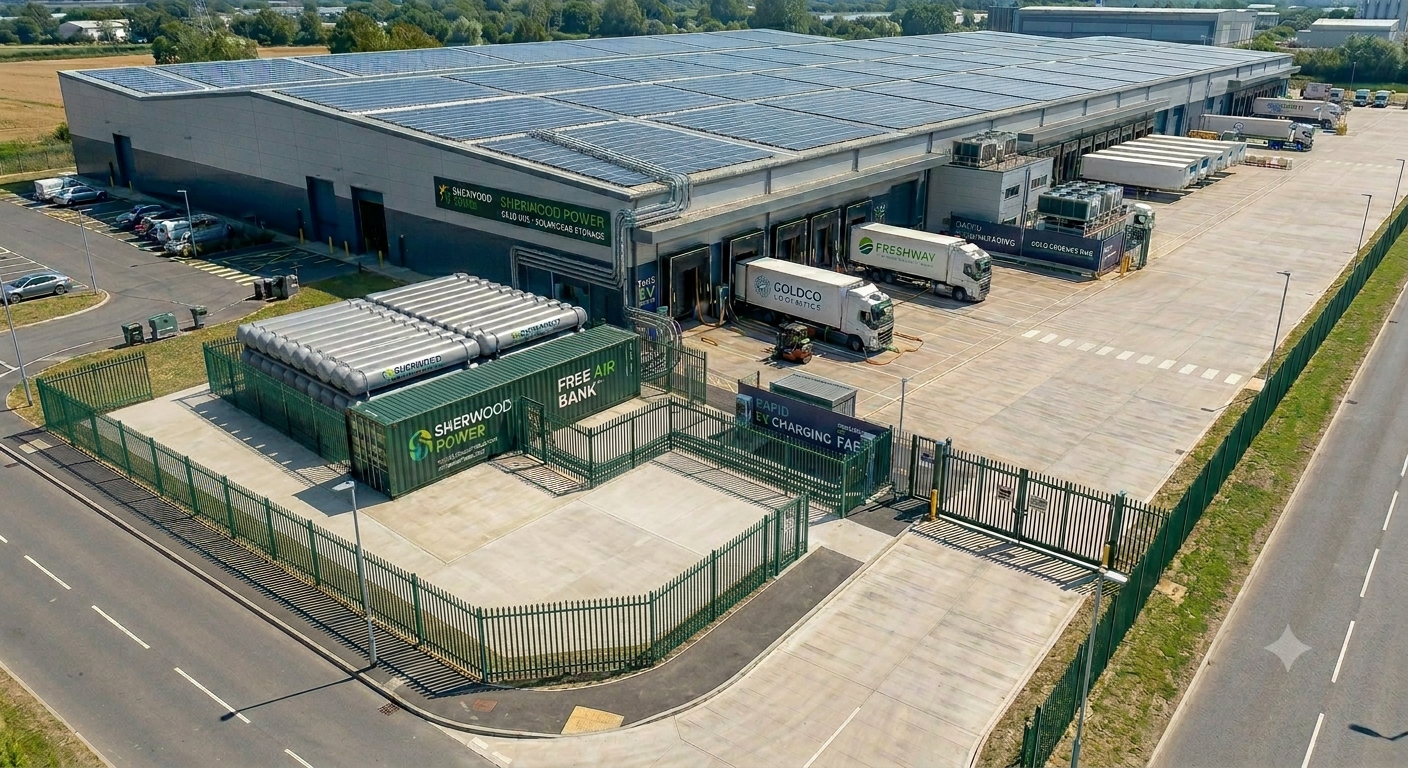 Concept visualisation showing a Free Air Bank alongside a distribution centre with rooftop solar panels and loading bays.